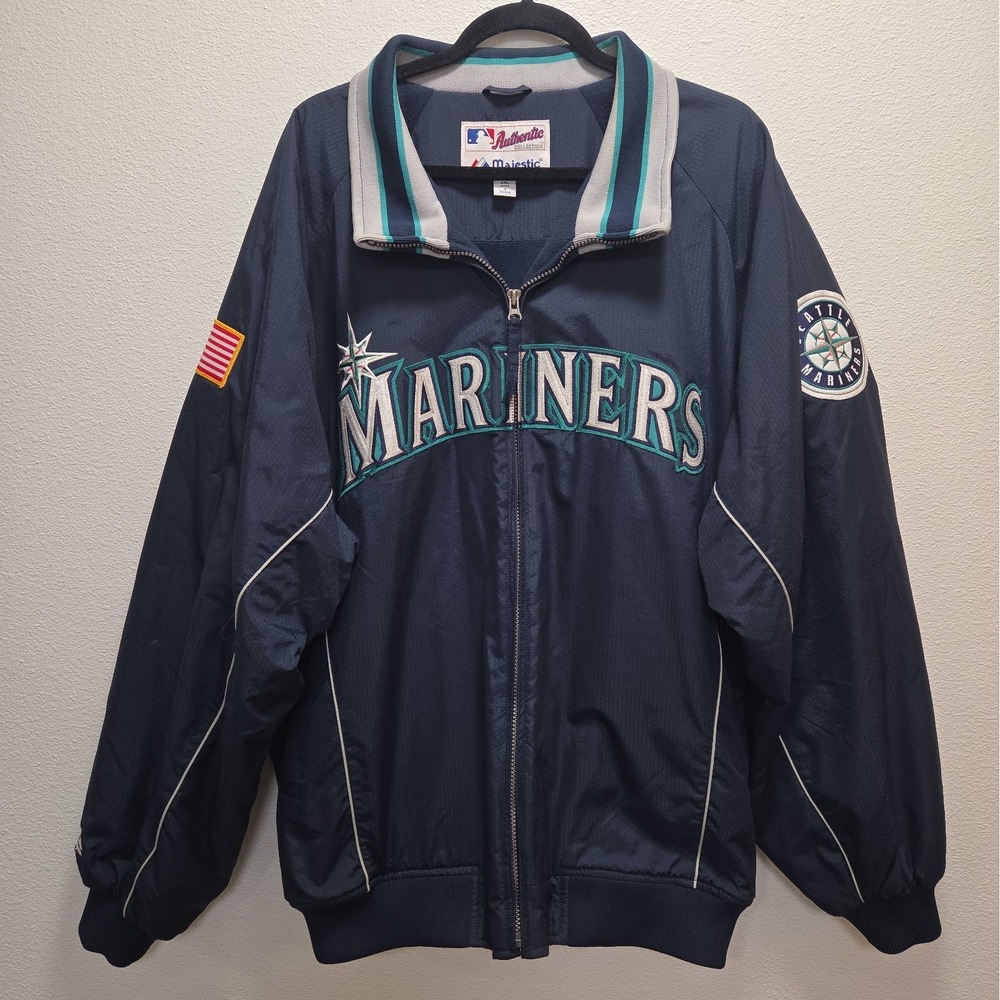 Vintage Majestic Seattle Mariners 9/11 Y2K Dugout Jacket Flag Full Zip XXL